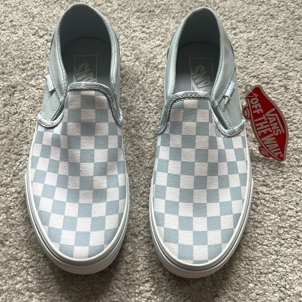 NWT blue checkered slip on vans